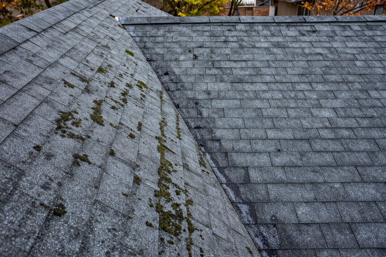 Technician soft washing a moss-covered asphalt shingle roof in Monroe, NY — Blanos Soft Wash Power Wash