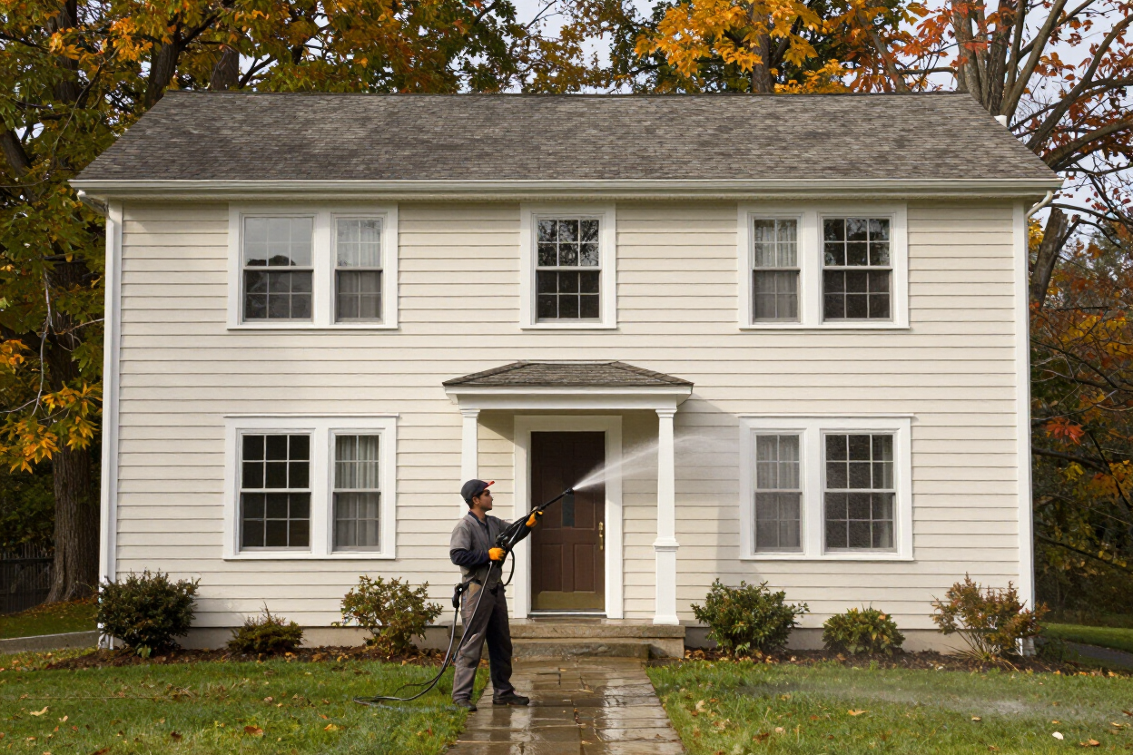 Person power-washing the front of a white two-story house with a stone walkway and autumn trees.