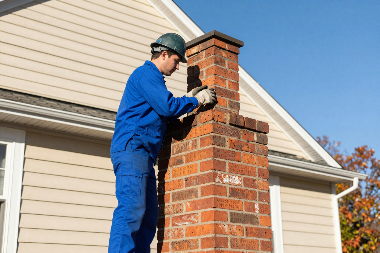 Chimney cleaning technician servicing a brick chimney on a Monroe, NY home in autumn — Blanos Soft Wash Power Wash