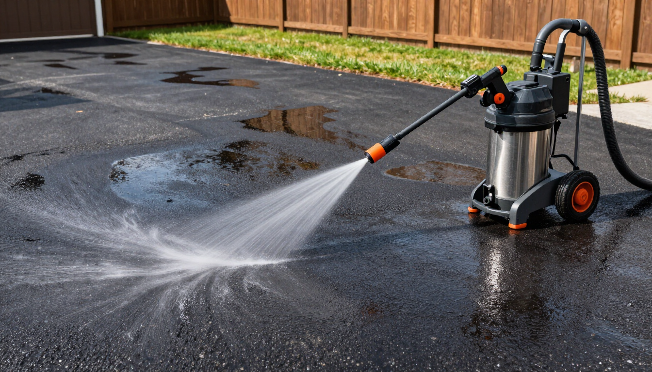 Blanos Soft Wash Power Wash technician pressure washing a residential concrete patio in Monroe, NY