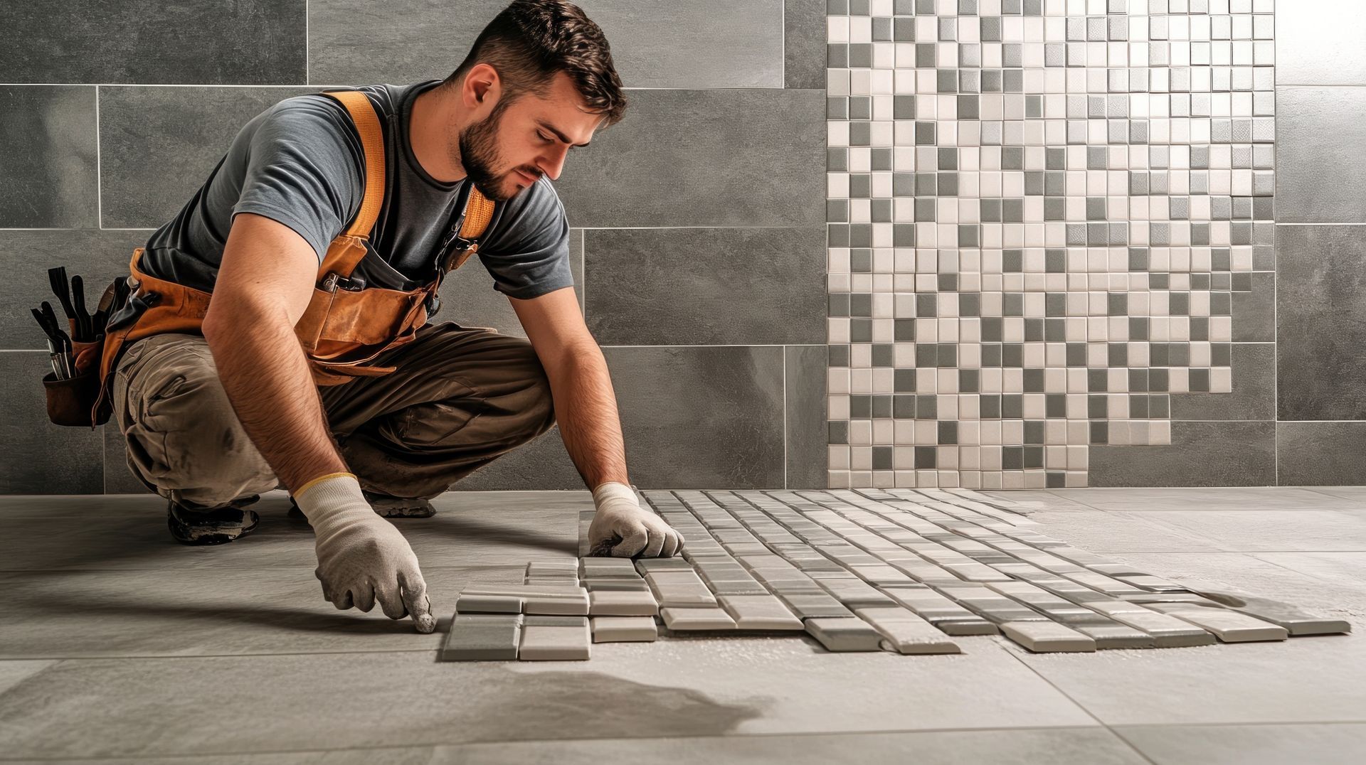 Bathroom remodeling contractor installing gray mosaic floor tile in a modern bathroom.