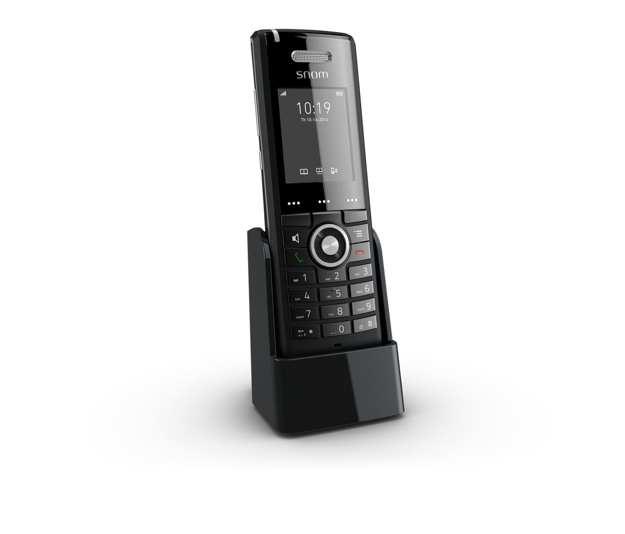 Schwarzes schnurloses Telefon in einer Dockingstation.