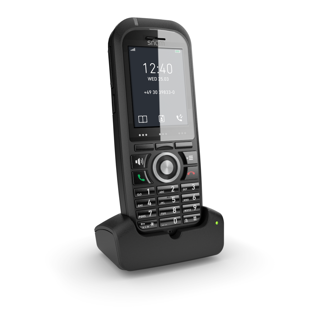Schwarzes schnurloses Telefon in einer Ladeschale, auf dem Bildschirm wird die Uhrzeit angezeigt.