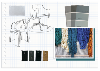A drawing of a chair , a rug , and a palette of paint on a piece of graph paper. A drawing of a chair , a rug , and a palette of paint on a piece of graph paper.