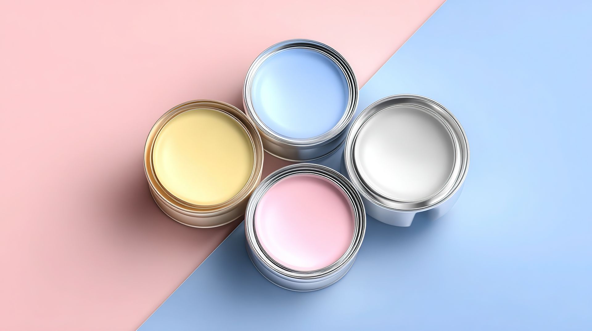 Four open paint cans in blue, yellow, pink, and white on a geometric backdrop. Four open paint cans in blue, yellow, pink, and white on a geometric backdrop.