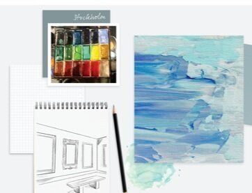 A drawing of a room next to a painting and a pencil. A drawing of a room next to a painting and a pencil.