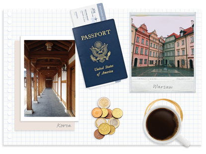 A passport , tickets , coins , and a cup of coffee on a grid paper. A passport , tickets , coins , and a cup of coffee on a grid paper.