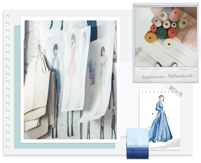 A collage of images including a drawing of a woman in a blue dress A collage of images including a drawing of a woman in a blue dress