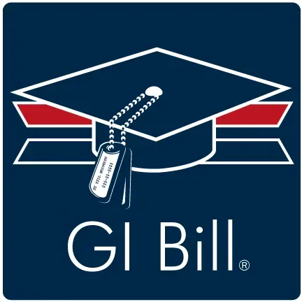 GI Bill logo with white graduation cap and diploma on a dark blue background