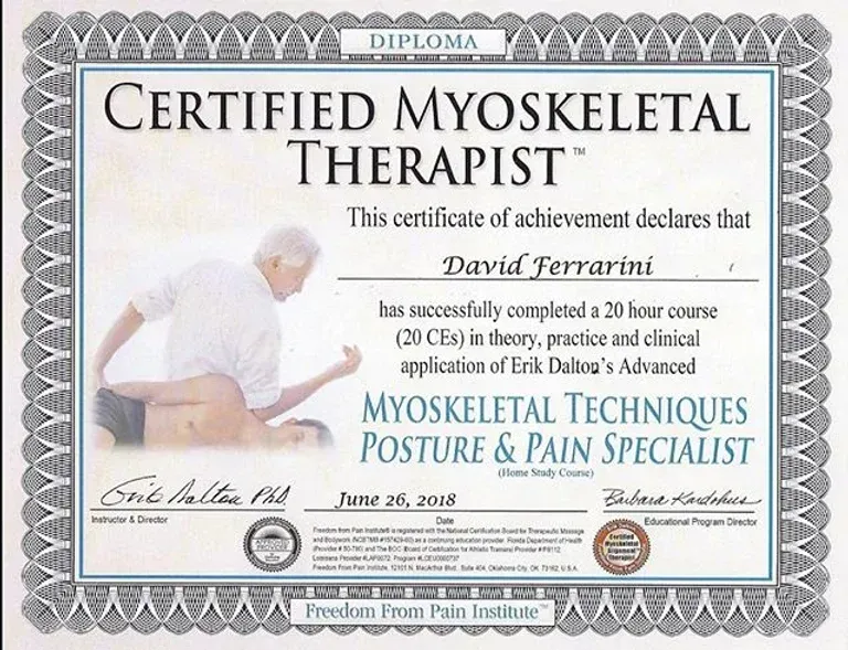 Certificate: Certified Myoskeletal Therapist. David Ferrarini completed a 20-hour course on pain & posture techniques.