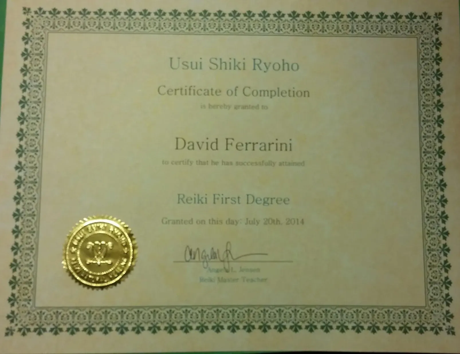 Certificate of Completion for David Ferrarini: Reiki First Degree. Dated July 30th, 2014, with gold seal and signature.