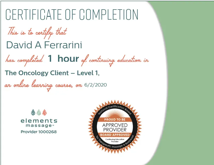 Certificate of Completion for David A. Ferrarini, stating completion of an online course,