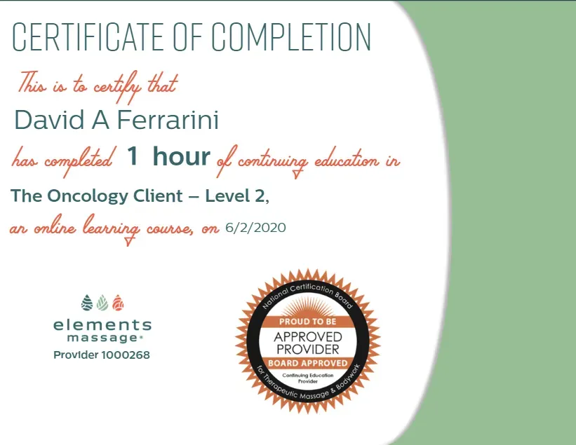 Certificate of Completion for David A. Ferrarini, stating 1 hour of continuing education in