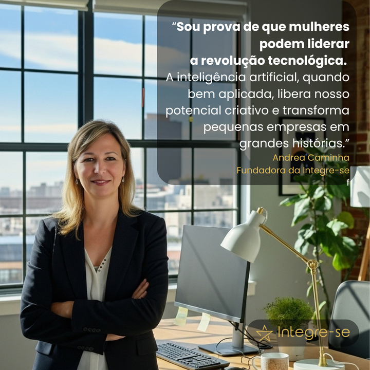 Mulher em pé ao lado de uma mesa em um escritório bem iluminado, com uma frase motivacional sobreposta à imagem.