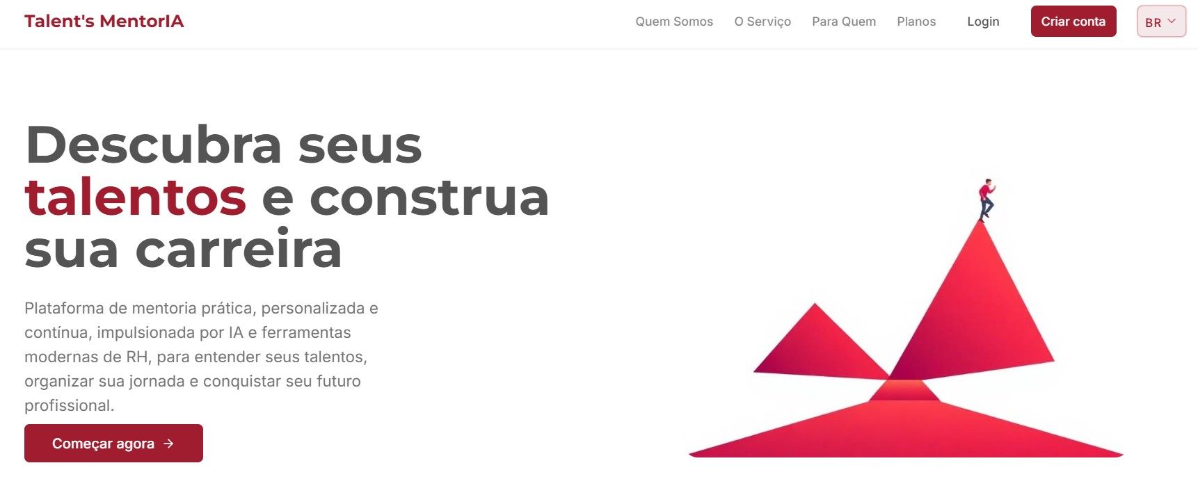 Página inicial de recrutamento em português com título “Descubra seus talentos e construa sua carreira” e gráfico rosa abstraído