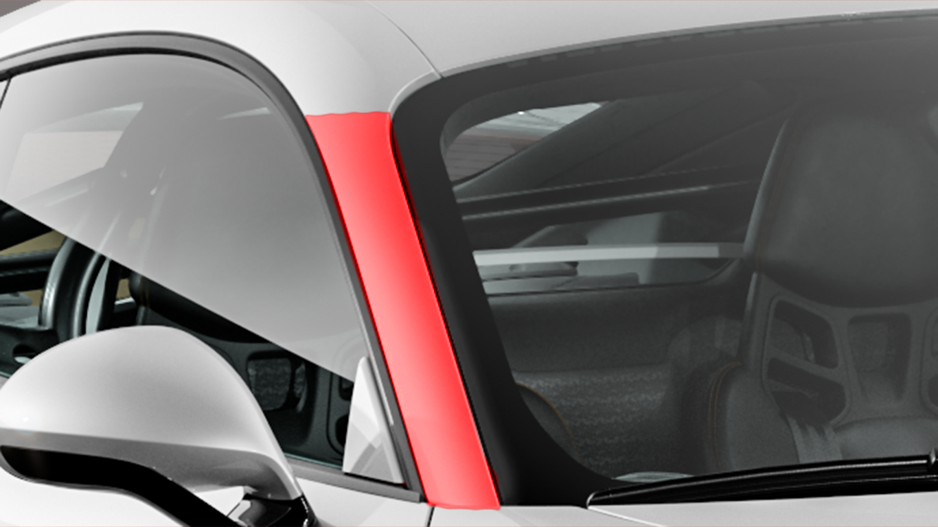 A close up of a white sports car with a red stripe on the side.