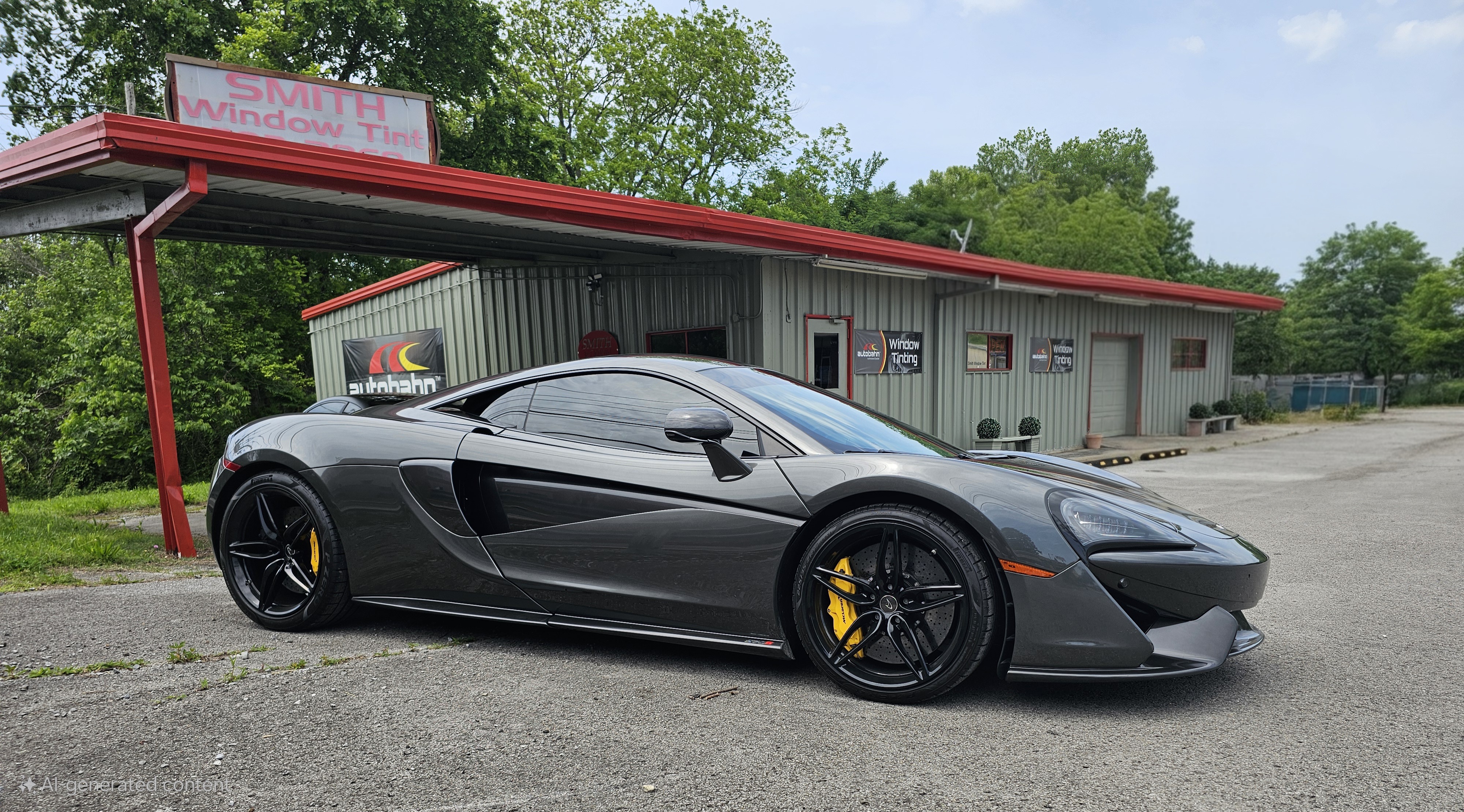 Gray McLaren sports car parked in front of a car window tinting shop. Yellow brake calipers.
