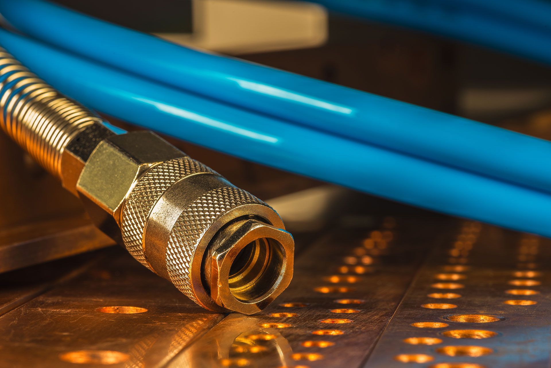 Pressure air hose with connector close-up 
