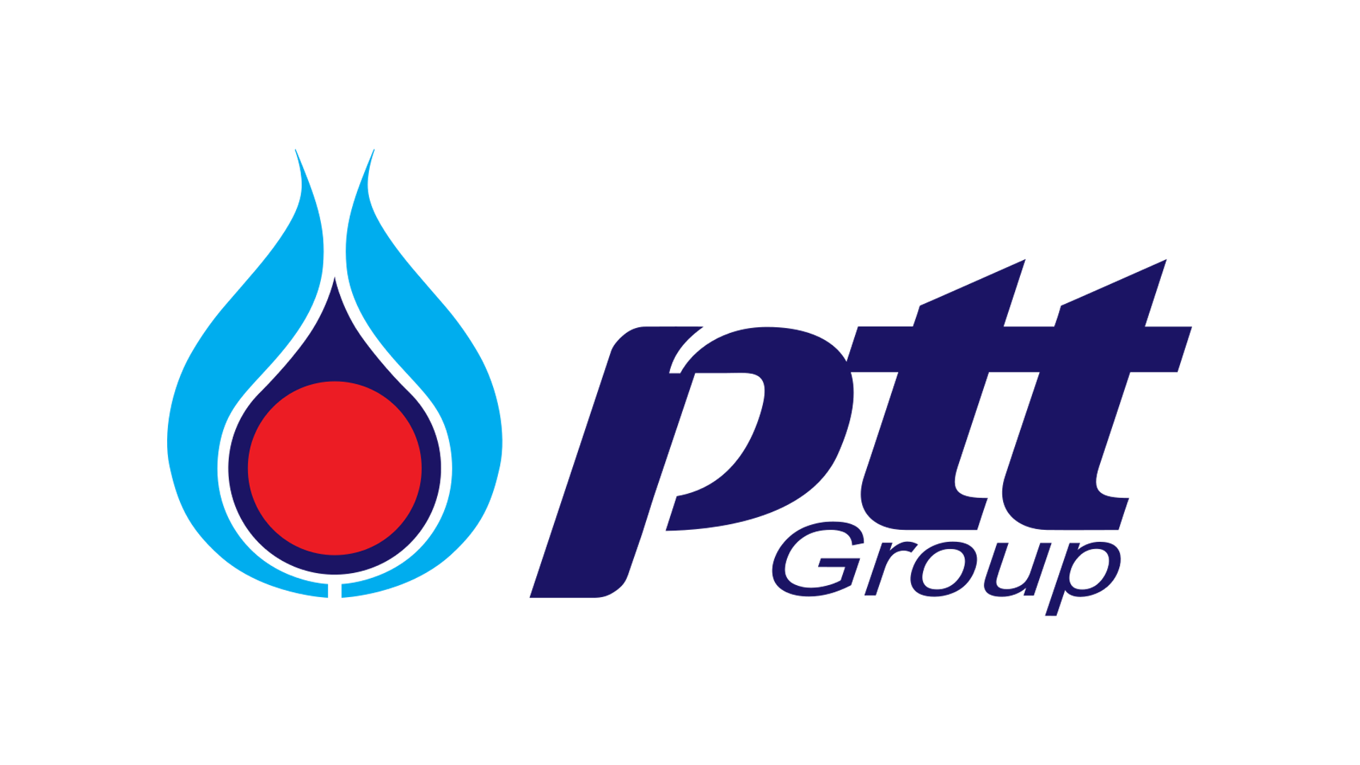 Logo of PTT Group: Blue flame shape with red circle and blue text