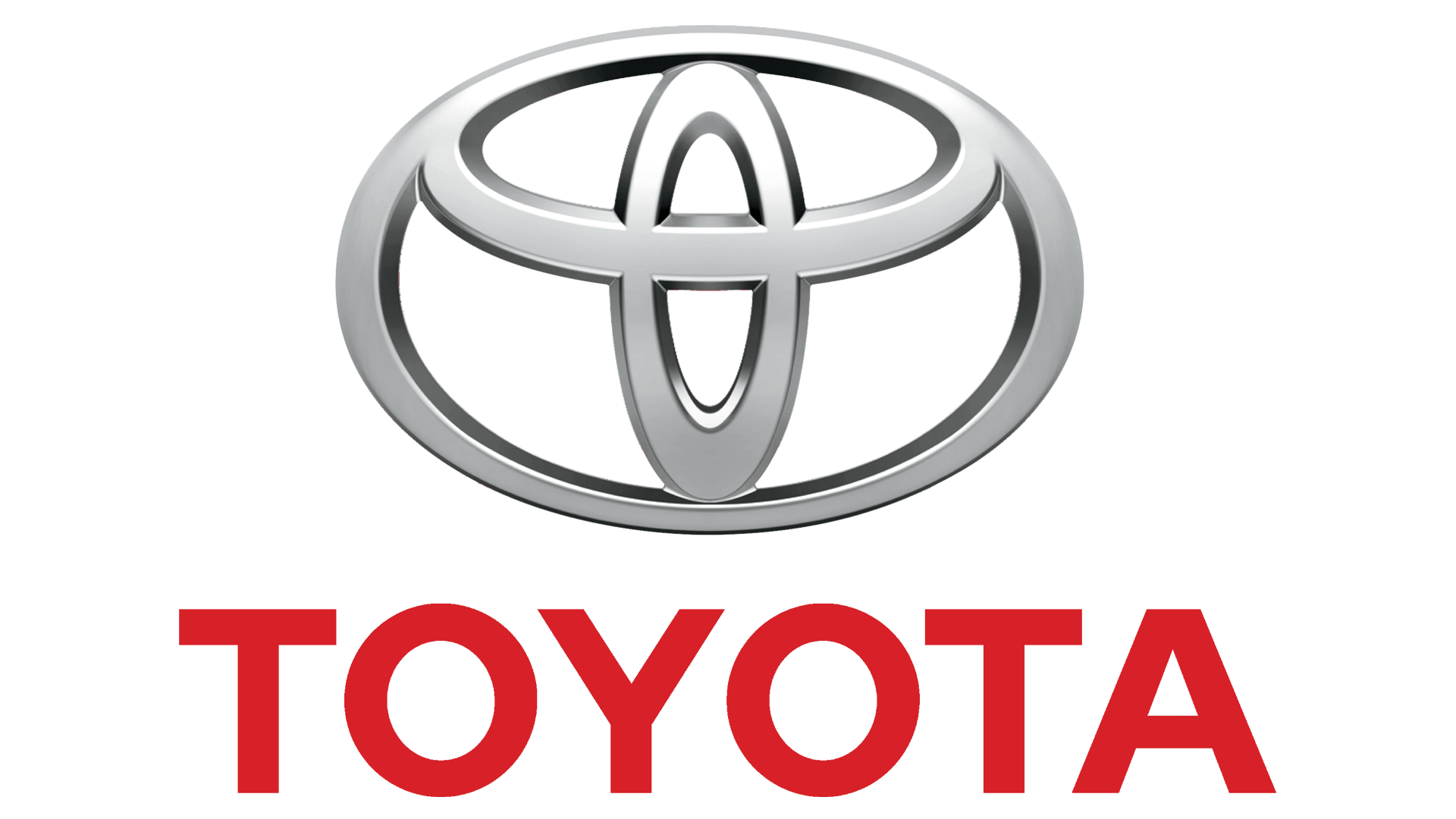 Toyota logo: Silver stylized emblem above the red word