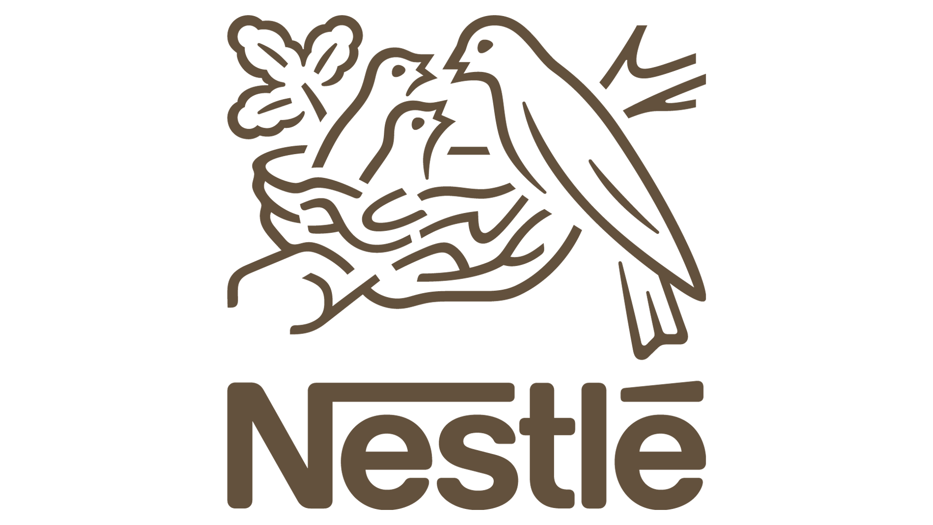 Nestlé logo with a bird's nest containing birds being fed by a parent bird, text below reads