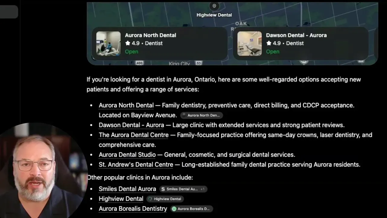 AI recommendation screen with a map and a list of suggested dental clinics in Aurora