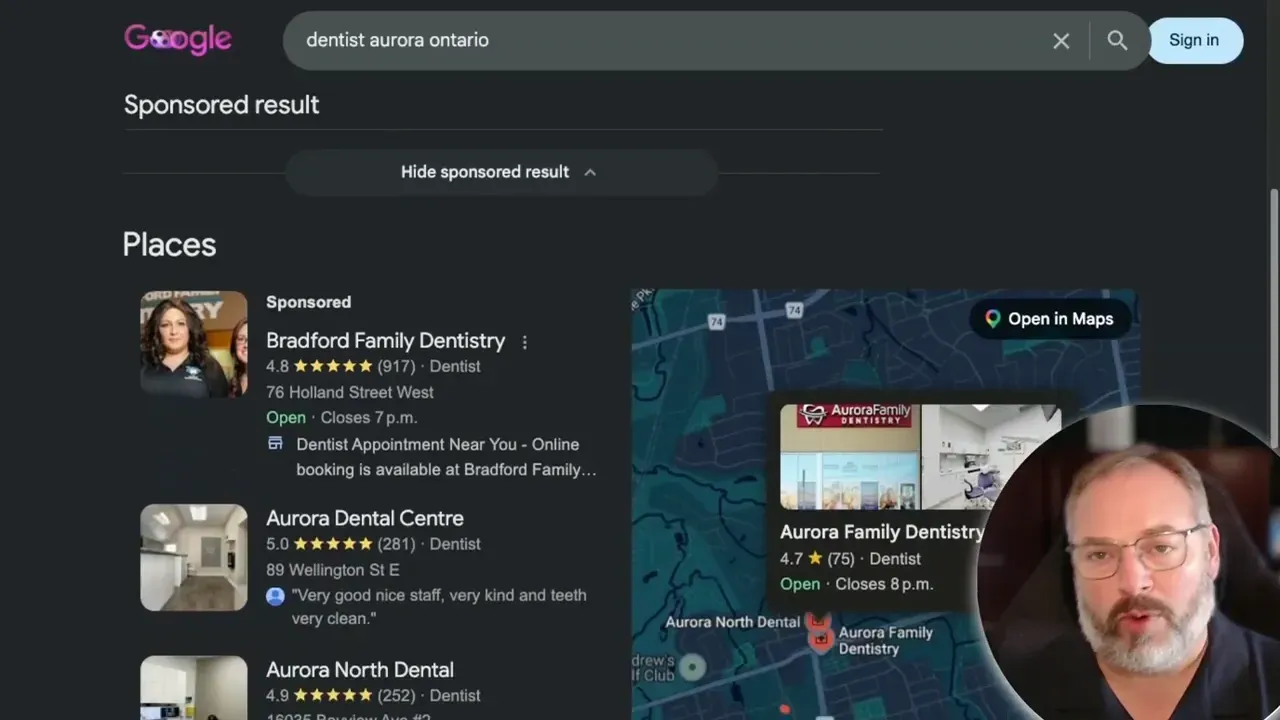Google search results page showing Aurora family dentistry listings and a local map