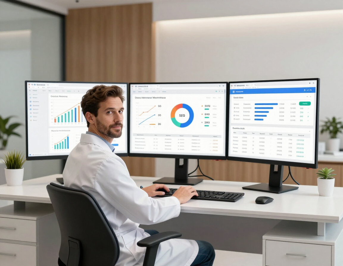 Dentist confidently reviewing a unified dental marketing dashboard — the CATALYST Program gives practices one team, one strategy, and complete marketing control
