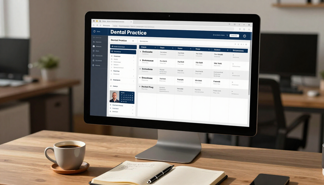 Dental content marketing editorial calendar on a monitor showing planned SEO blog topics and keyword targets — strategic dental content marketing that builds authority and drives organic traffic