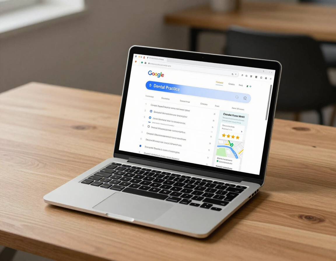 MacBook showing a dental practice ranked number one on Google search results — the goal of expert dental SEO services from Dental Marketing Heroes