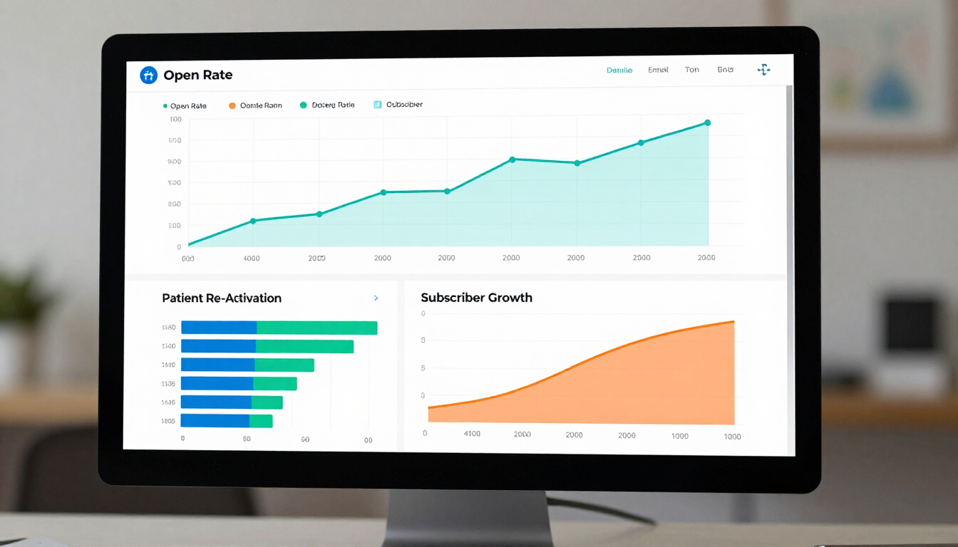 Dental email marketing analytics dashboard showing open rate growth and patient re-activation results — the measurable ROI of consistent dental email newsletters