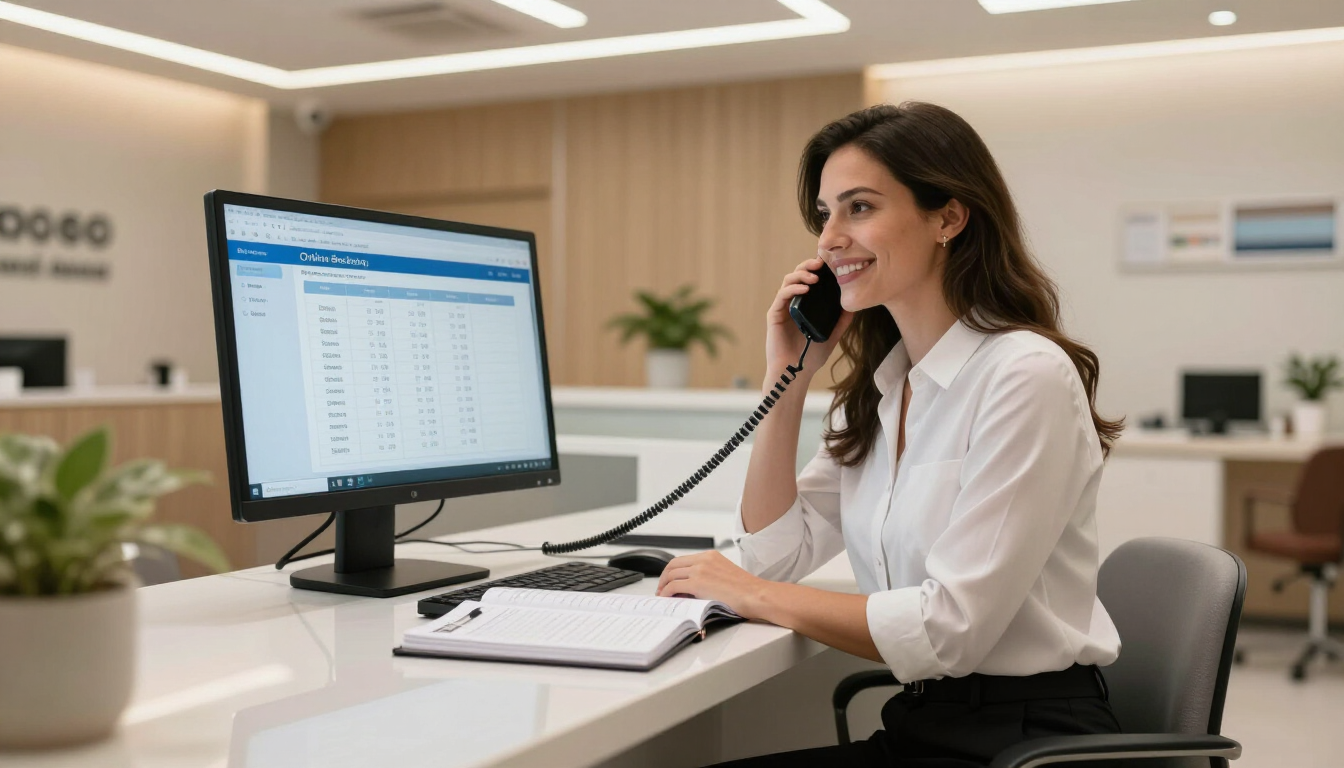 Dental receptionist answering calls from new patients — the real-world result of a well-managed Google Ads campaign for a dental practice