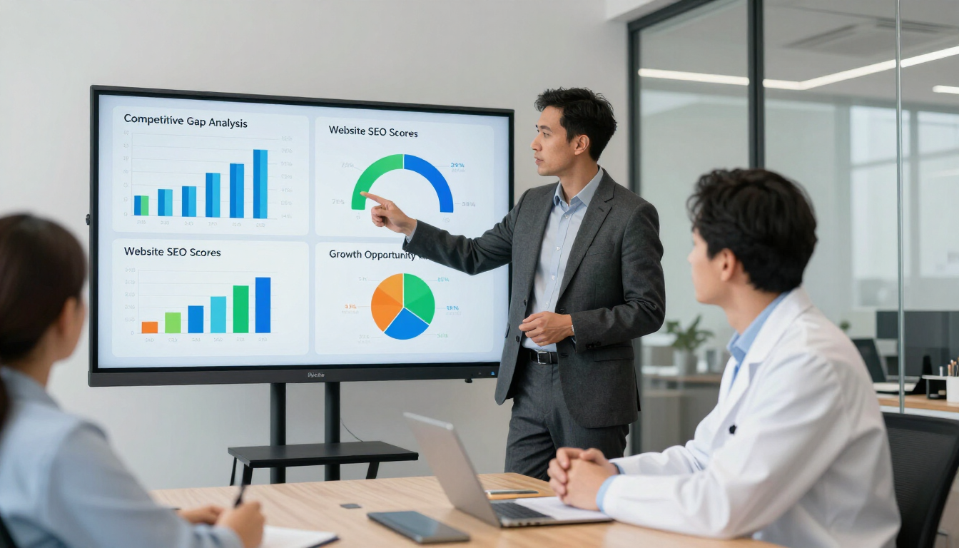 Marketing consultant presenting dental practice audit findings to a dentist — a clear strategic roadmap based on a comprehensive dental marketing audit and competitive gap analysis
