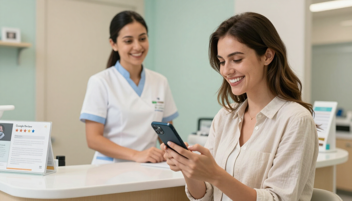 Happy dental patient leaving a 5-star Google review on their phone after their appointment — the Reviews Hero system makes generating dental practice reviews effortless