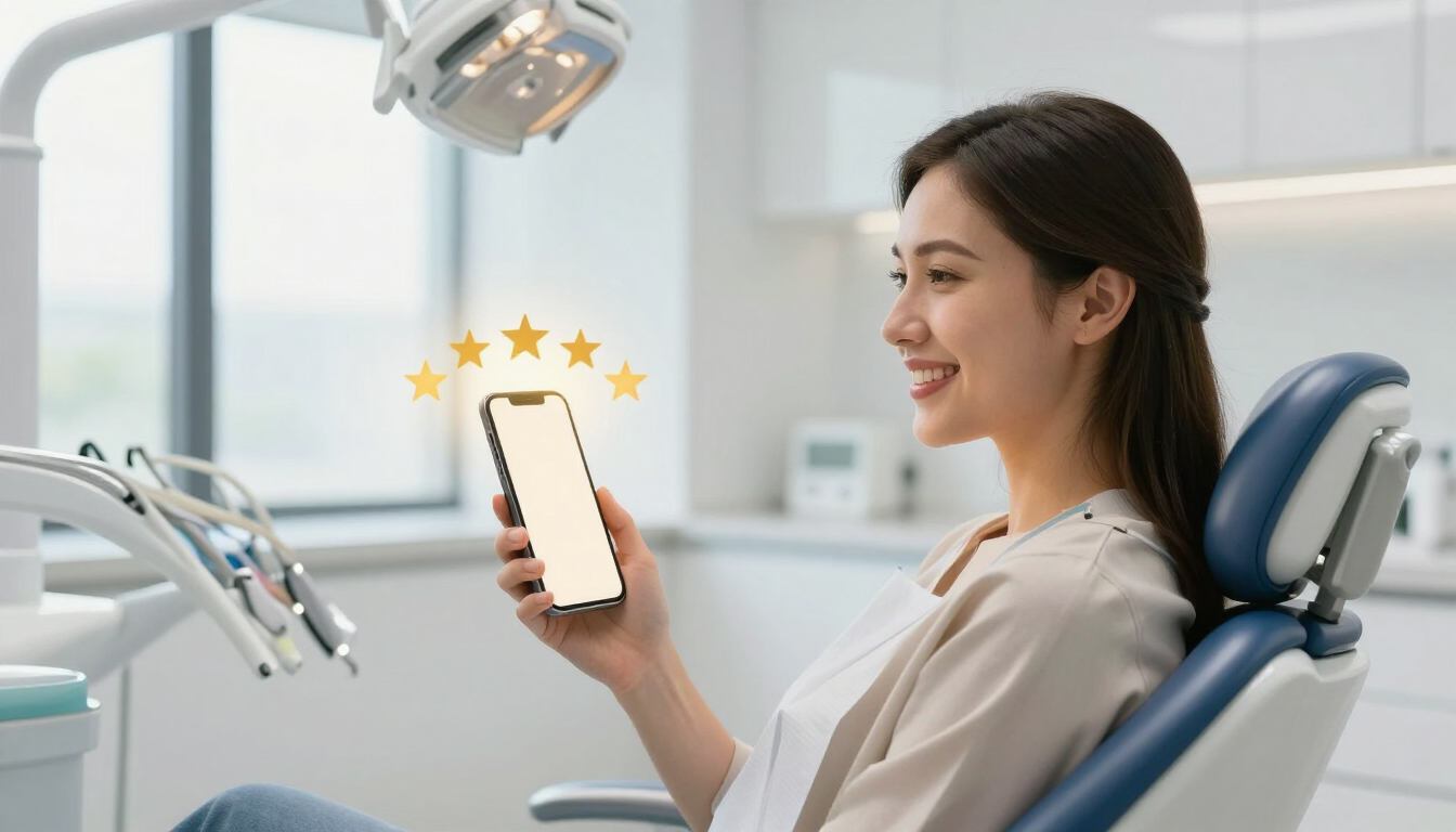 iPhone displaying a dental practice Google Business Profile with a stream of 5-star patient reviews — the result of the Reviews Hero dental reputation management system