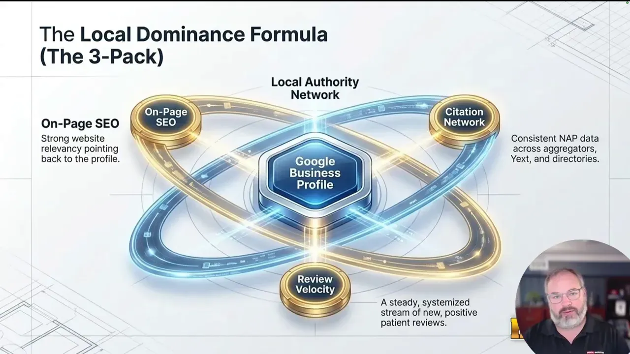 Local dominance formula slide showing website, citations and review signals around a central profile