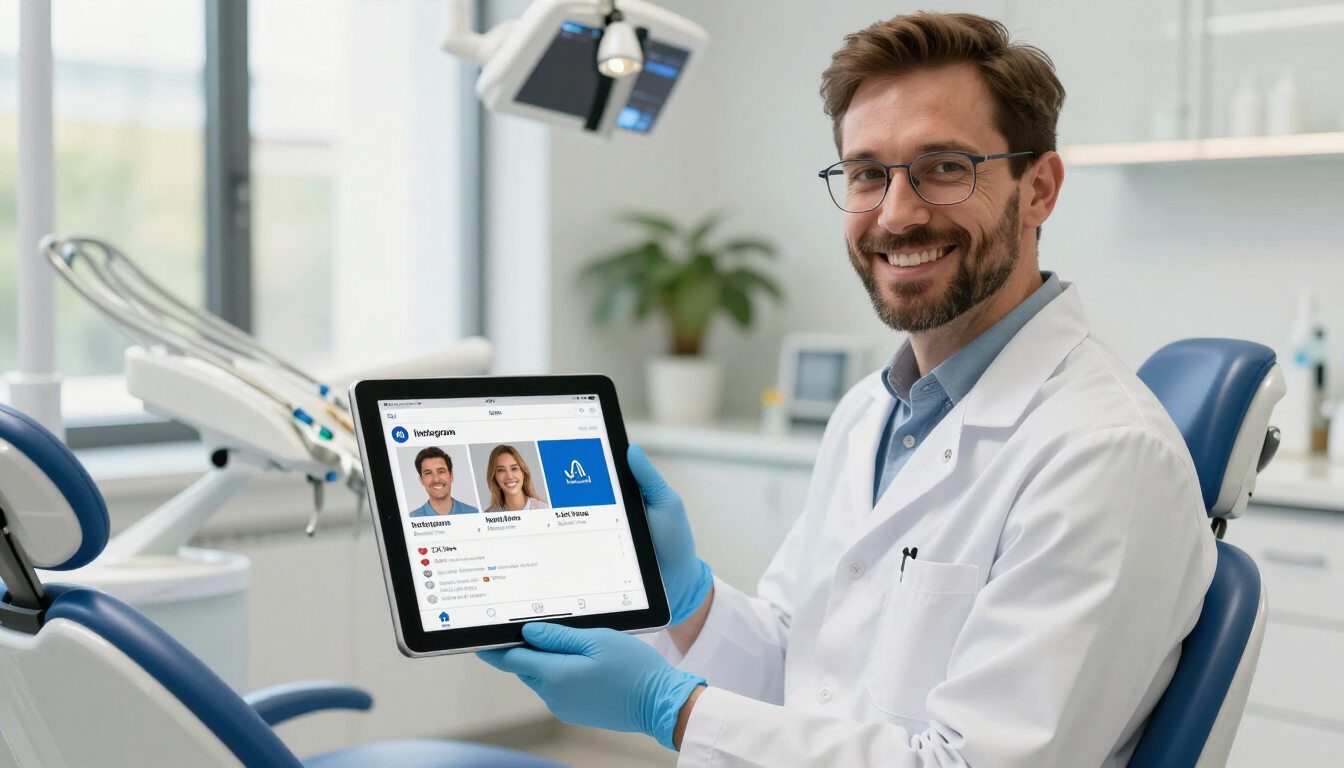 Dentist reviewing their practice social media engagement on a tablet — dental social media marketing results showing community growth and patient engagement