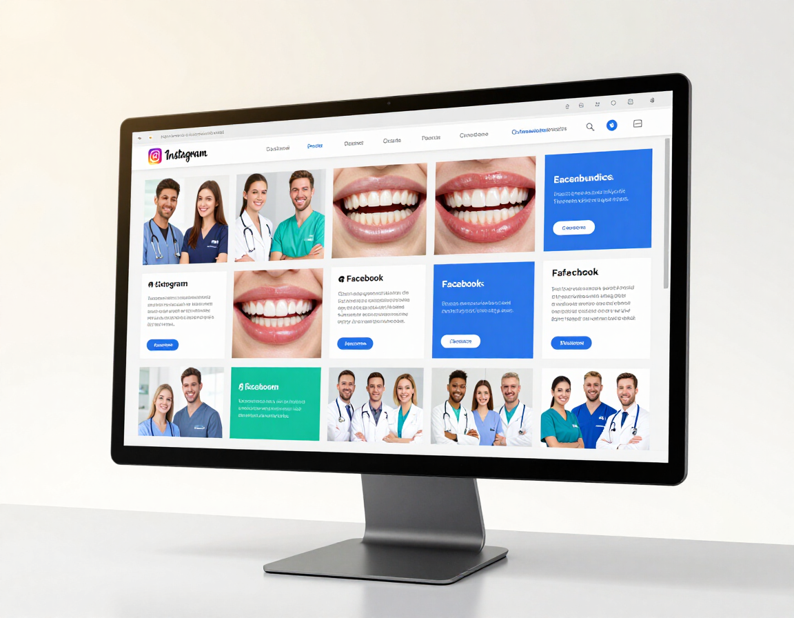 Monitor displaying a beautifully branded dental practice social media content grid — professional dental social media marketing posts created by Dental Marketing Heroes