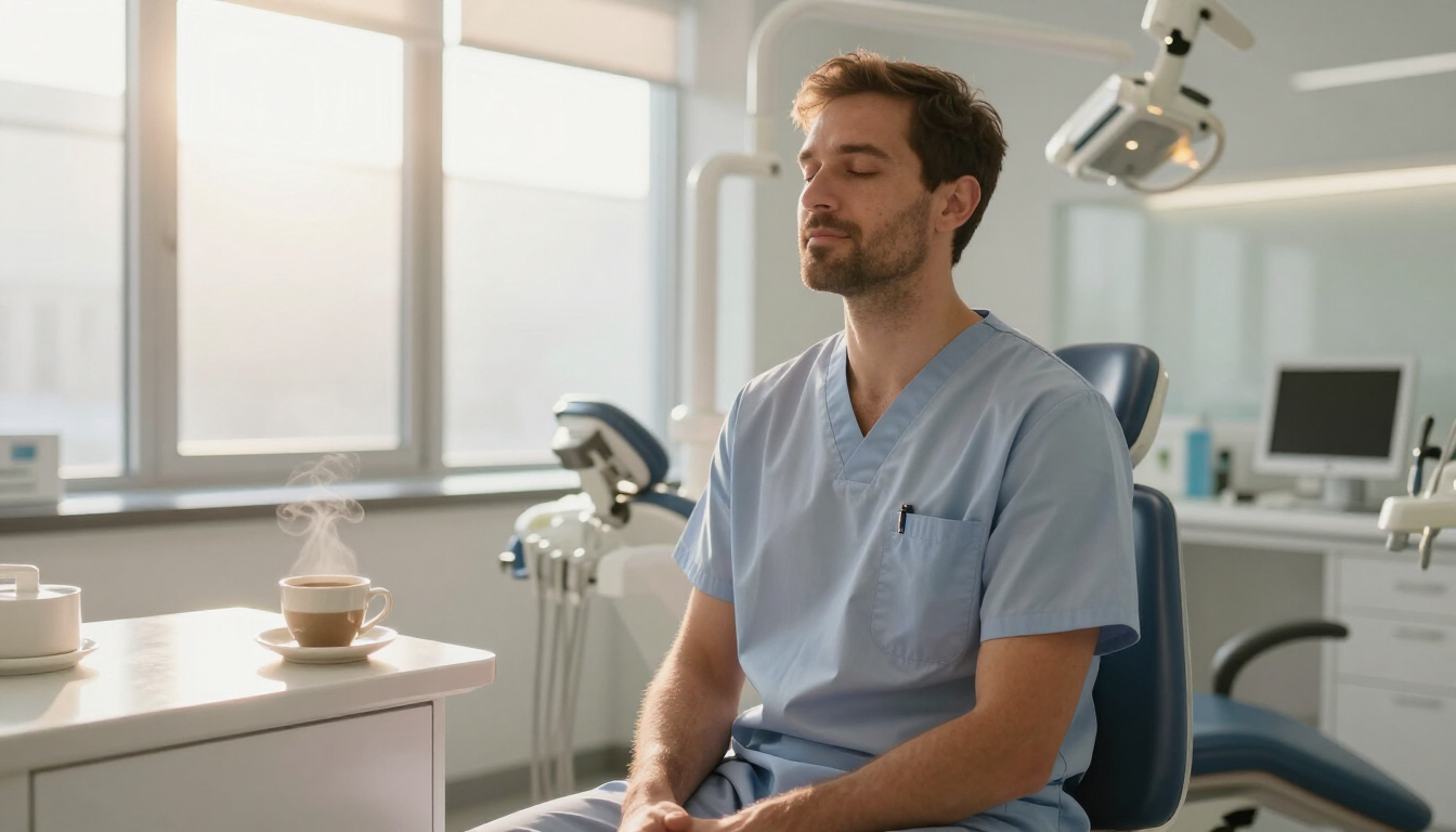 Dentist starting the morning with a peaceful mindfulness moment before the workday begins