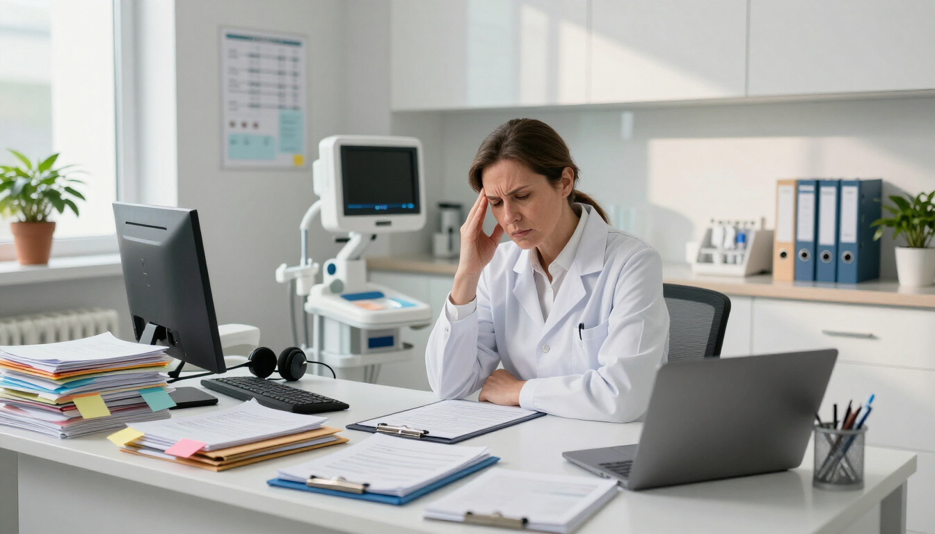 Dental practice owner at desk working through overwhelm and procrastination toward focused clarity