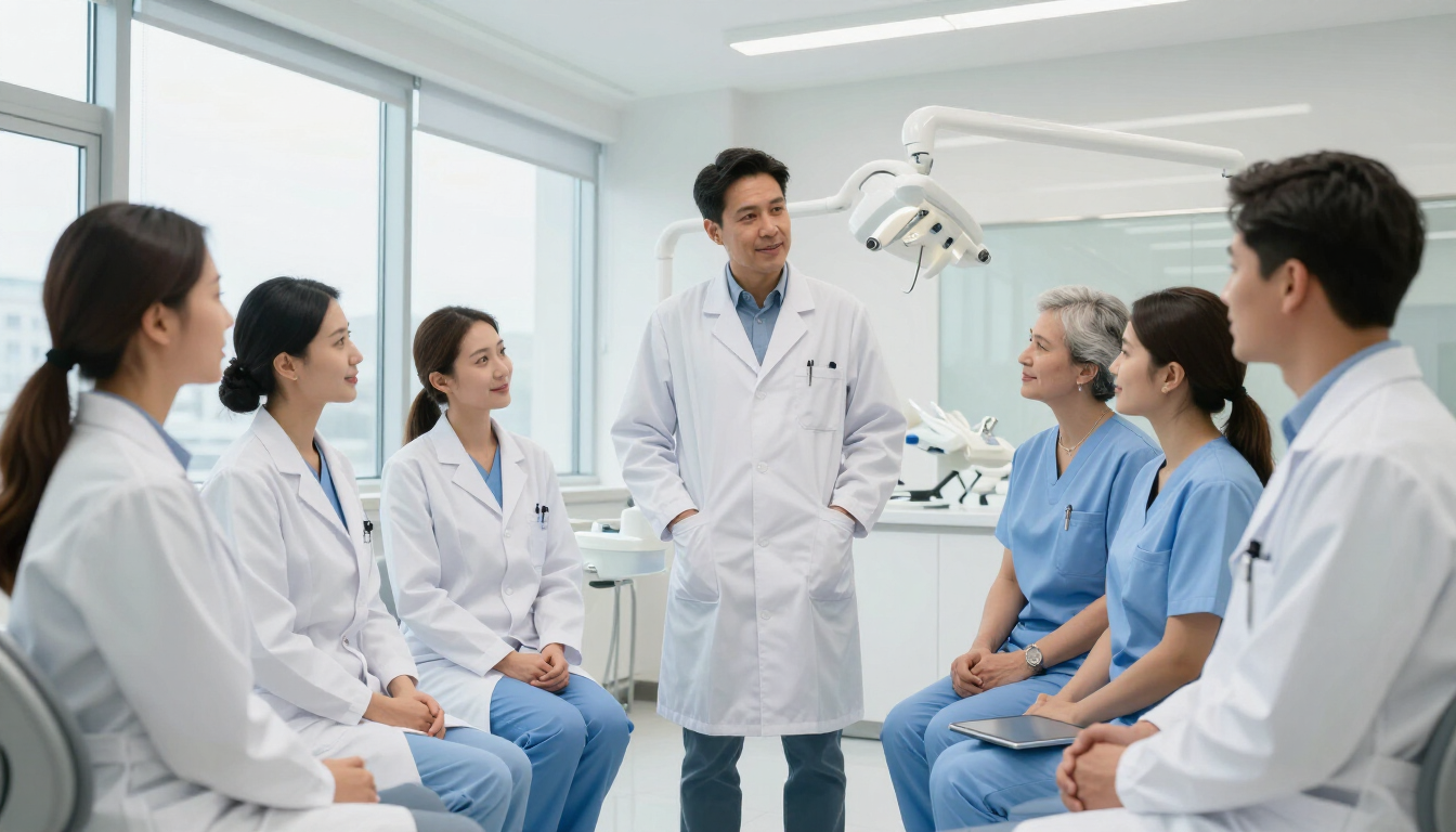 Dental practice team huddle with calm confident dentist setting a positive tone for the day