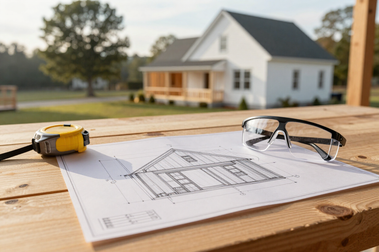 House blueprint on wooden table with tape measure and safety glasses in front of a white home house.