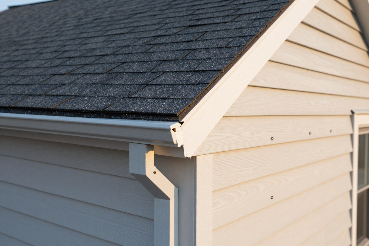 Close-up of asphalt shingle roof edge meeting fiber cement siding on a Worcester area home