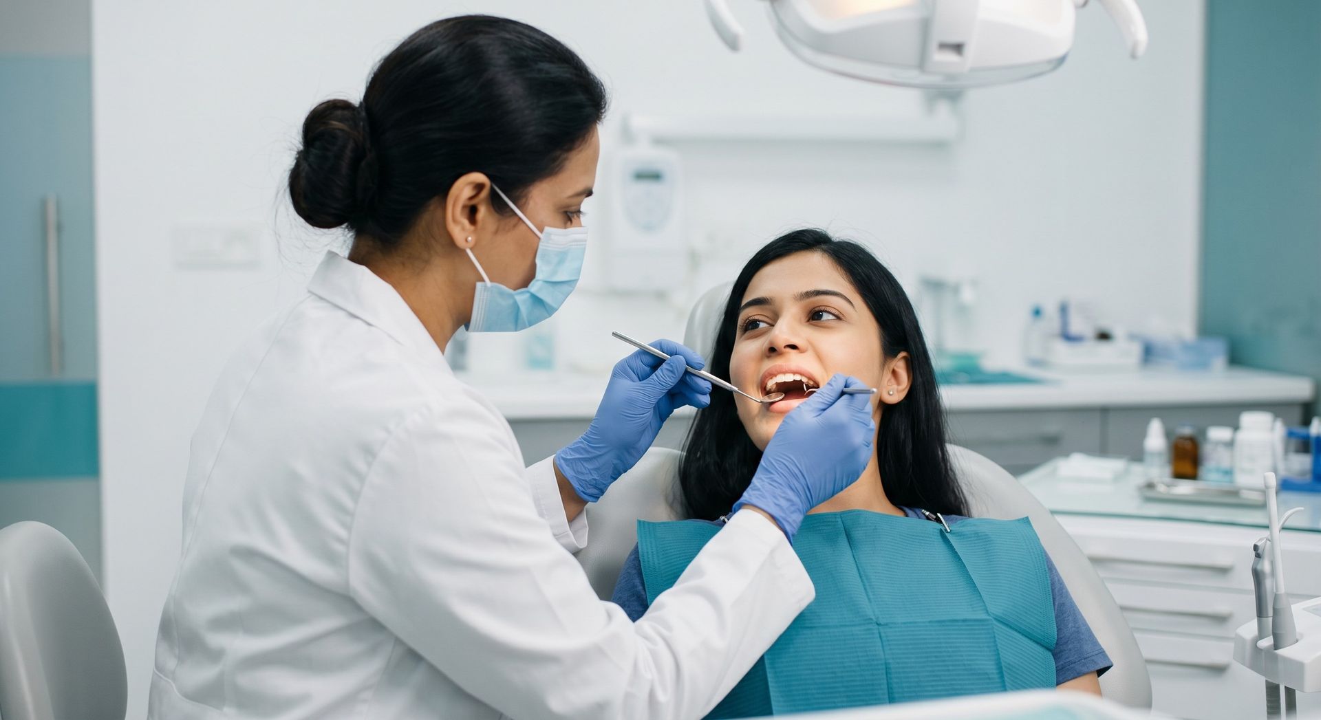 A female dentist examining a young woman's teeth with dental tools in a modern clinic.
