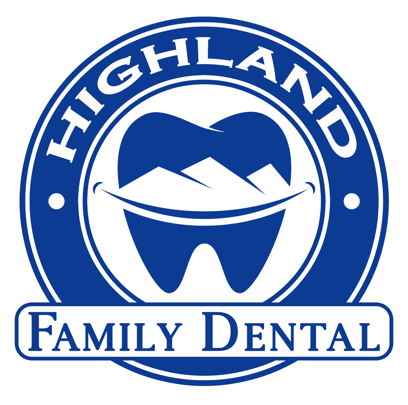 Blue and white Highland Family Dental logo: tooth with mountain outline smiling.