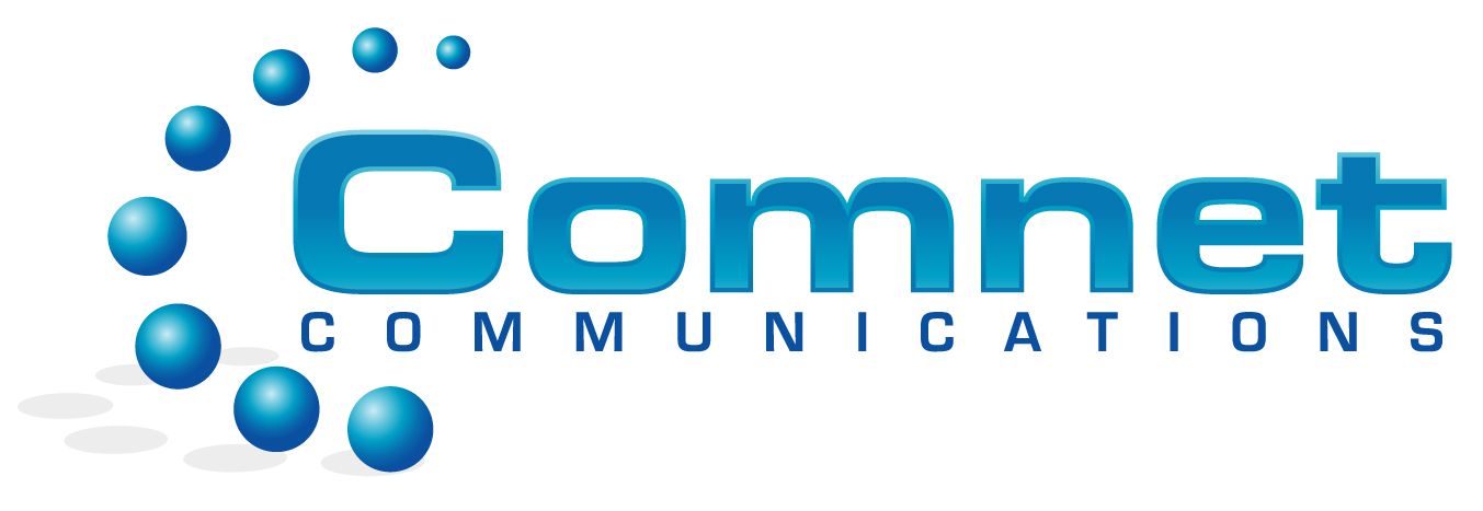 Logo for Comnet Communications, with a blue wordmark and abstract spheres.