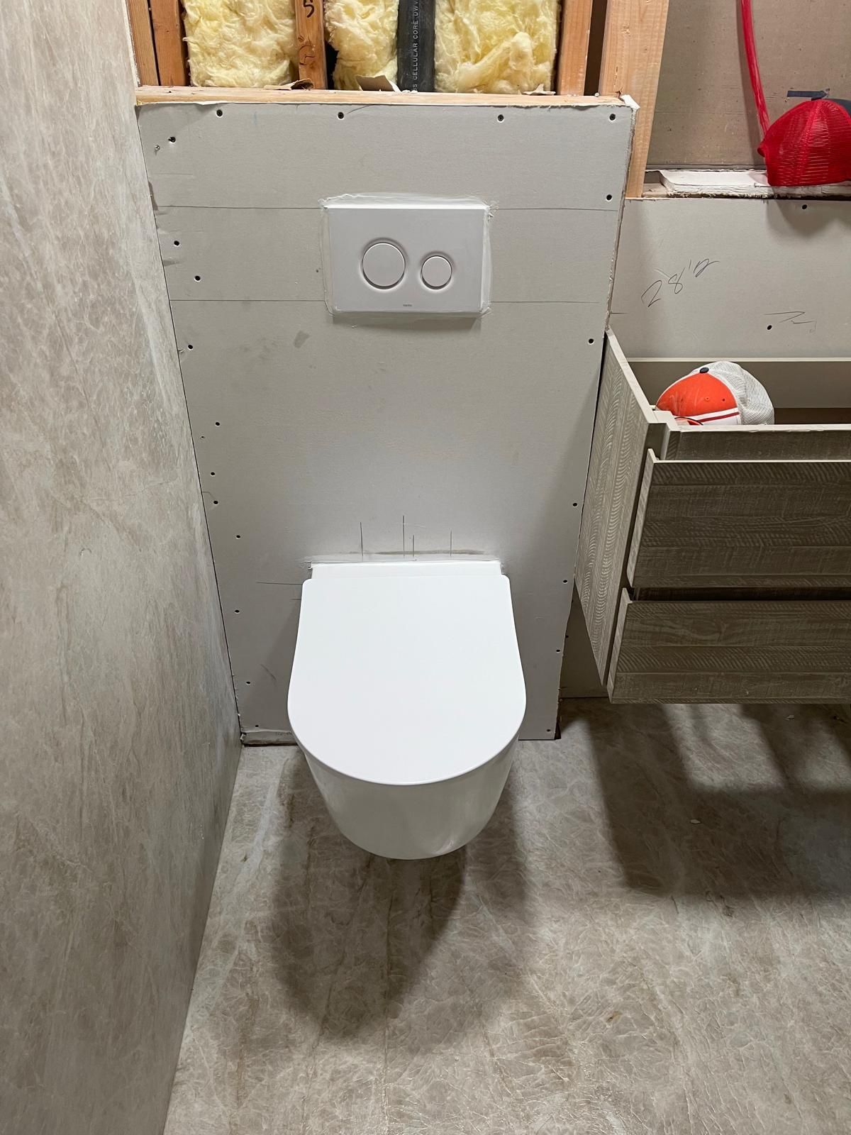 Wall-mounted toilet with flush plate installed, awaiting finish. Bathroom under construction.