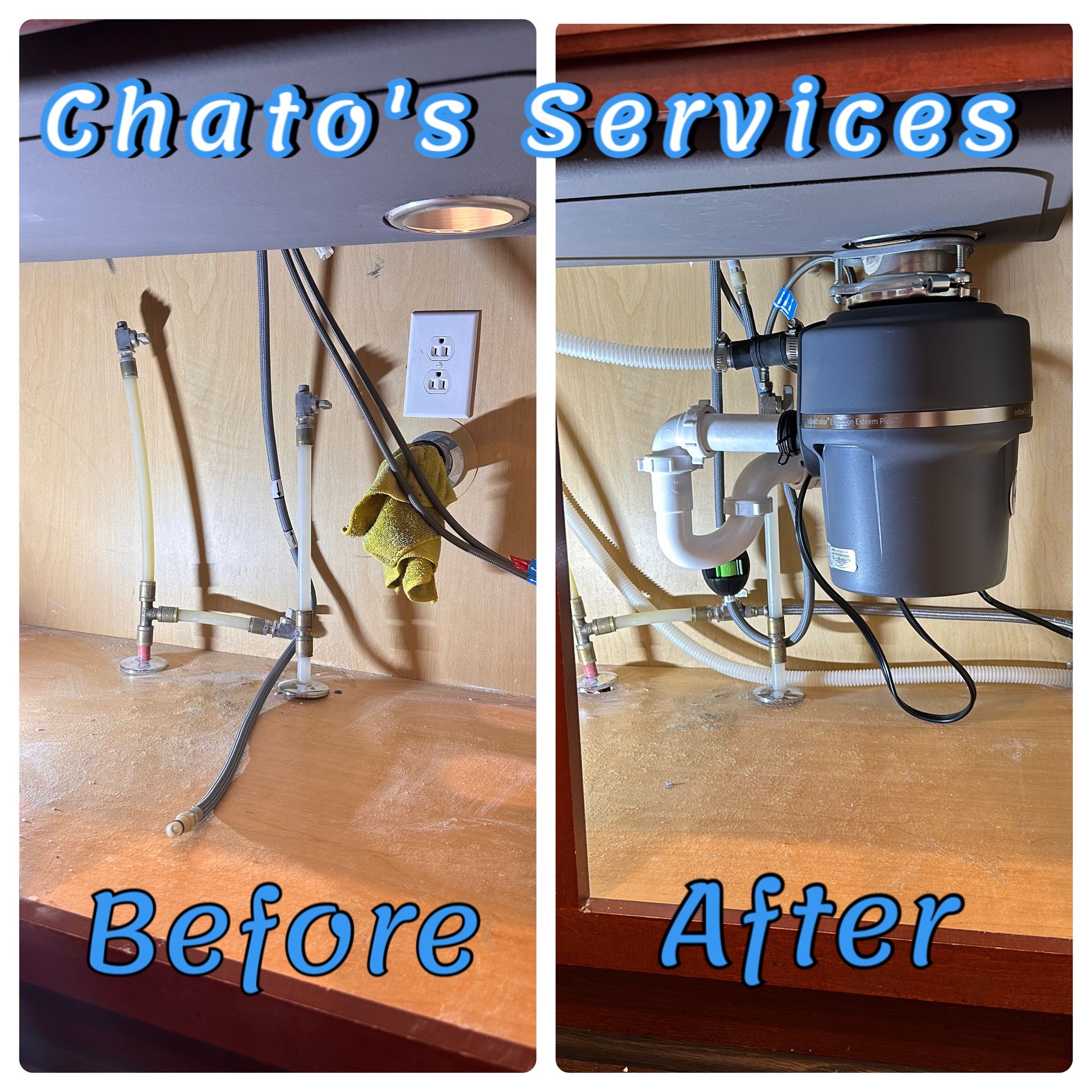 Before-and-after of a kitchen sink cabinet. Before: exposed pipes. After: garbage disposal installed with clean plumbing.