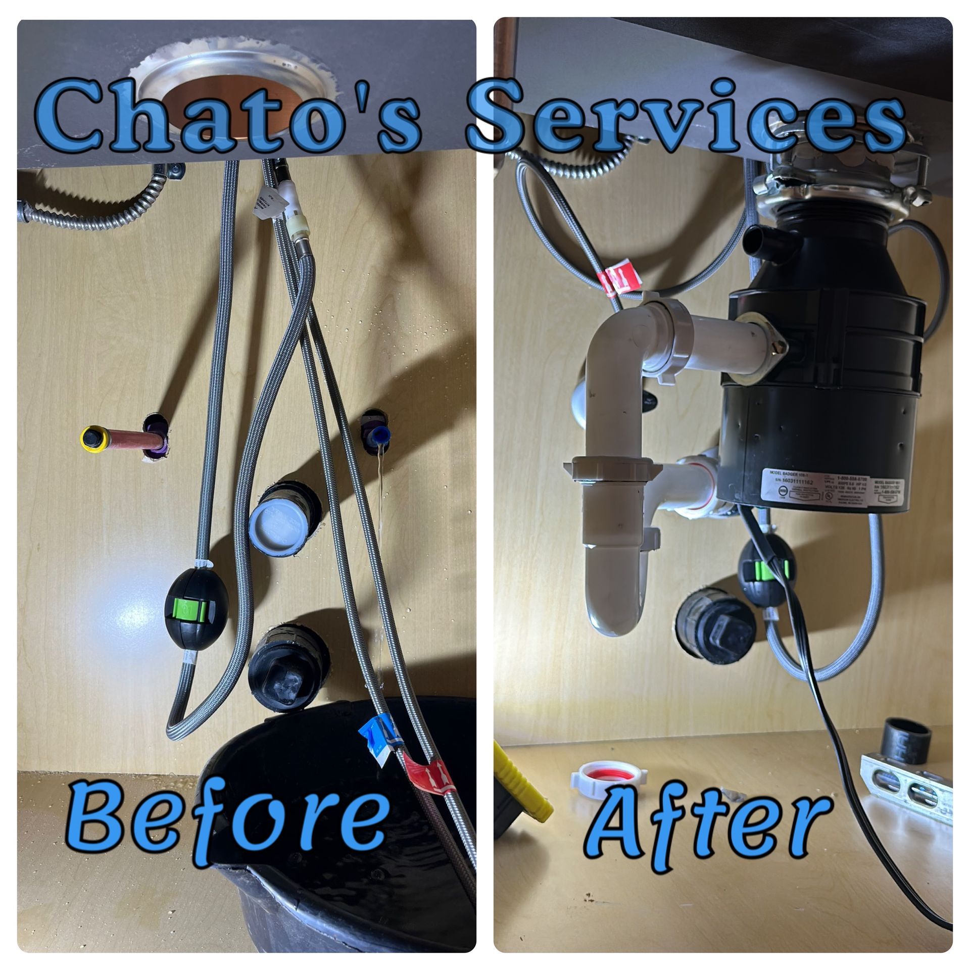 Before and after plumbing under a sink. Pipes and a disposal unit are shown.