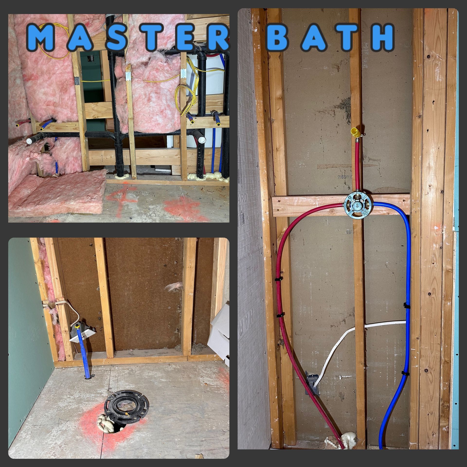 Construction of a master bathroom, showing plumbing and insulation inside the walls.